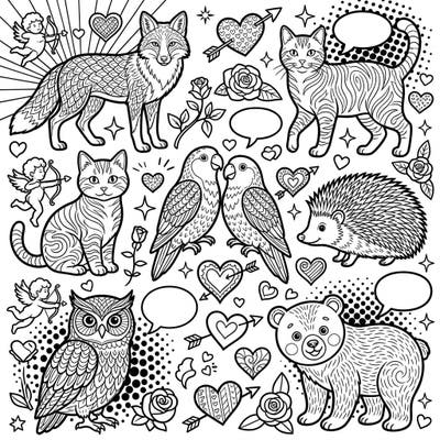 Dive into a world where adorable animals meet bold Pop Art flair in this charming Valentine's Day coloring page. Express your love and creativity by bringing these romantic designs to life with your favorite colors.