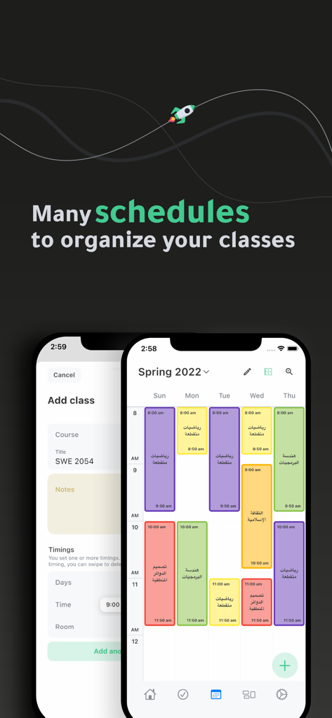 Khotta AI: Plan & Study - A weekly class schedule with color-coded blocks and an add class form in the Khotta AI student planner app.