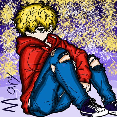 a male hoddie ripped jeans messy hair anime