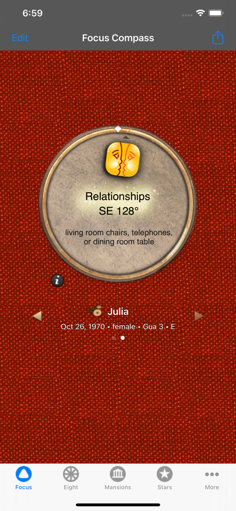 Feng Shui Life Compass - Feng Shui Lebenskompass App Fokus-Bildschirm, der die beste Richtung für Beziehungen bei Südost 128 Grad anzeigt.
