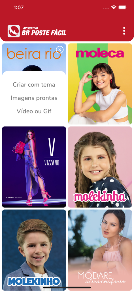 Beira Rio - Poste Fácil - Home screen of the Beira Rio Poste Facil app showing marketing content categories for brands like Vizzano and Moleca