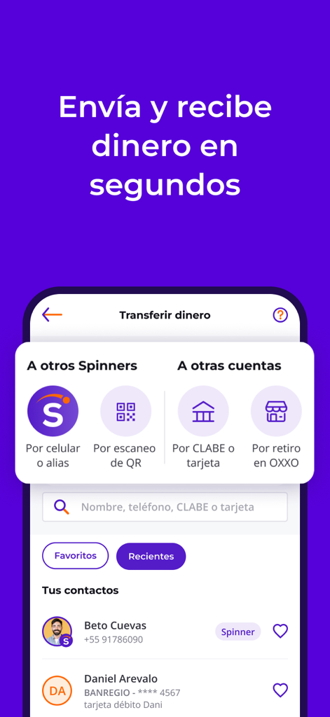 Interfaz de la app móvil Spin by OXXO para enviar y recibir dinero con varias opciones de transferencia