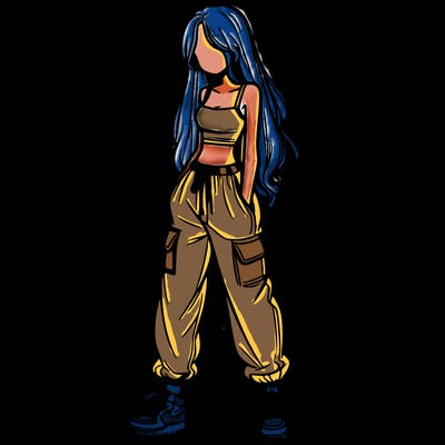 girl in baggy pants crop top and long hair