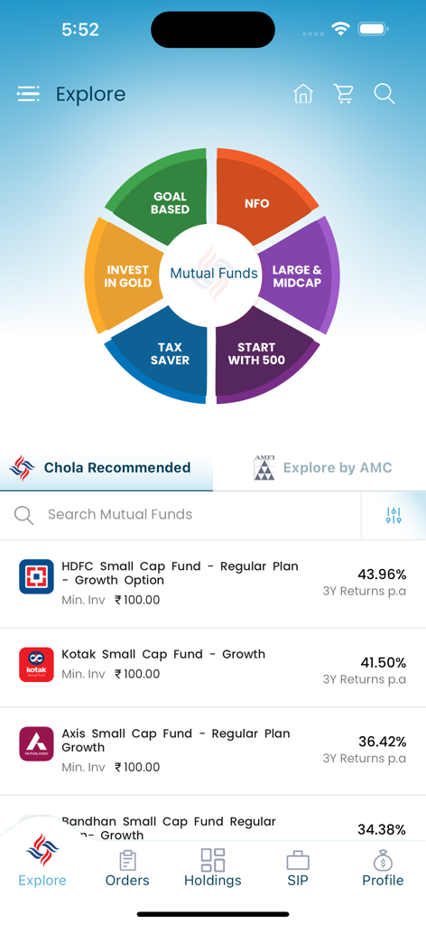 Chola Securities - Interfaccia dell'app Chola Securities che mostra le categorie di fondi comuni di investimento e i piani di investimento consigliati
