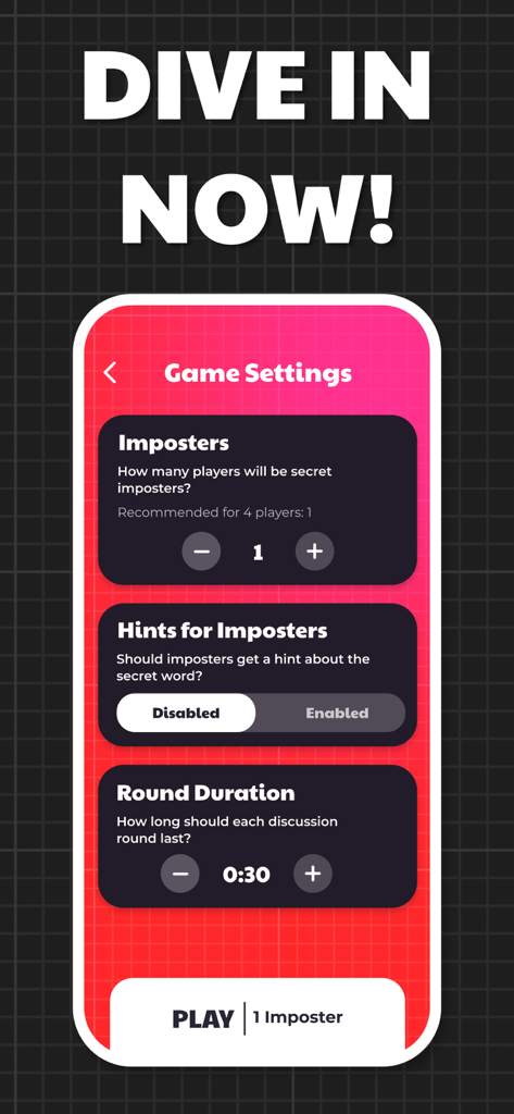 Mobile app screen showing game settings for Imposter Game Fakeit including imposter count and round duration