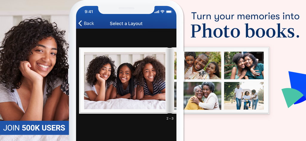 Motif app interface on an iPhone showing a photo book layout with family pictures.