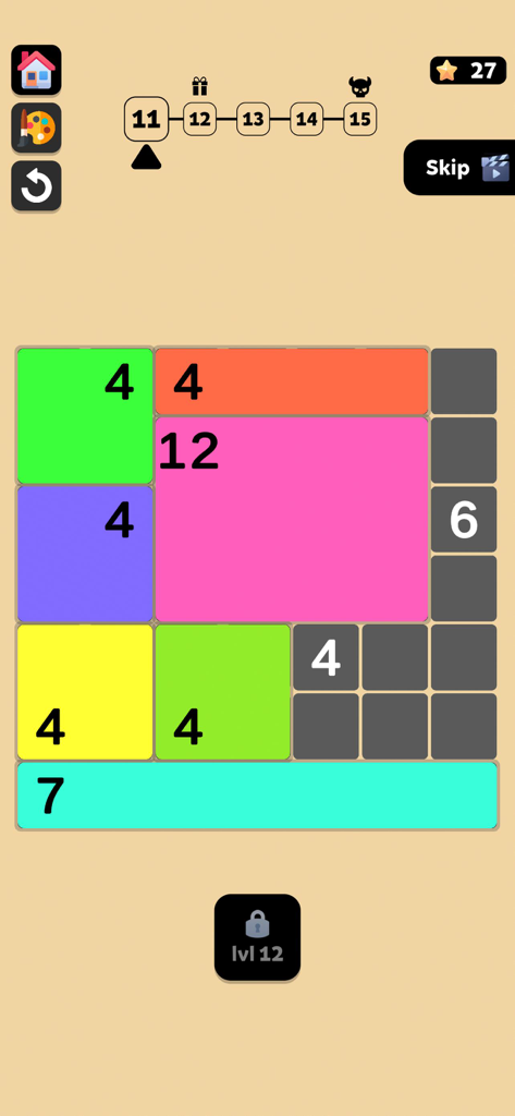 Fill Shikaku - A partially completed Fill Shikaku logic puzzle with colorful rectangular blocks on a grid