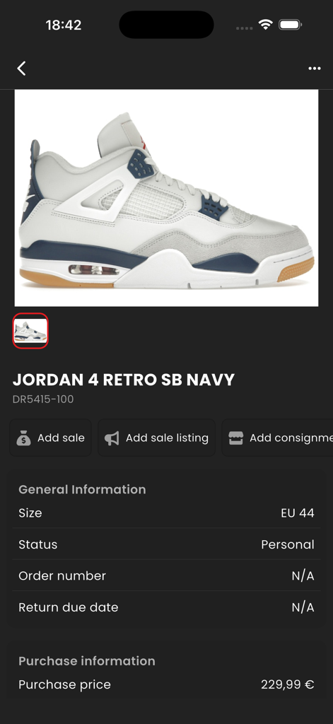 Detailed view of Jordan 4 Retro SB Navy sneakers in the PocketSneaker inventory management app