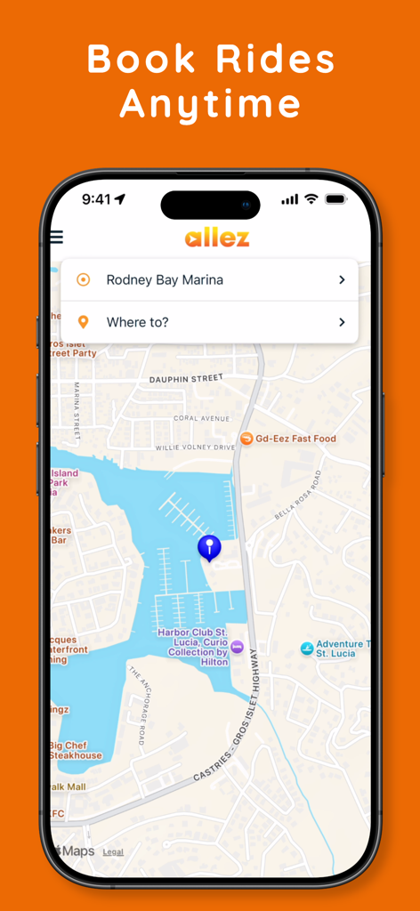 Allez - Allez ride-hailing app interface showing a map of Rodney Bay Marina and a ride booking screen for St Lucia travelers