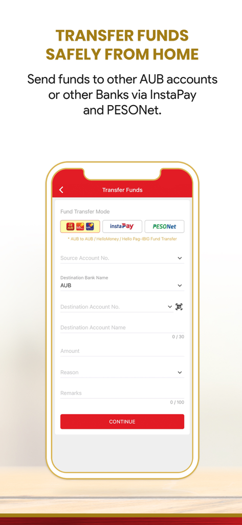 AUB - Mobile interface of the AUB app showing fund transfer options through InstaPay and PESONet.