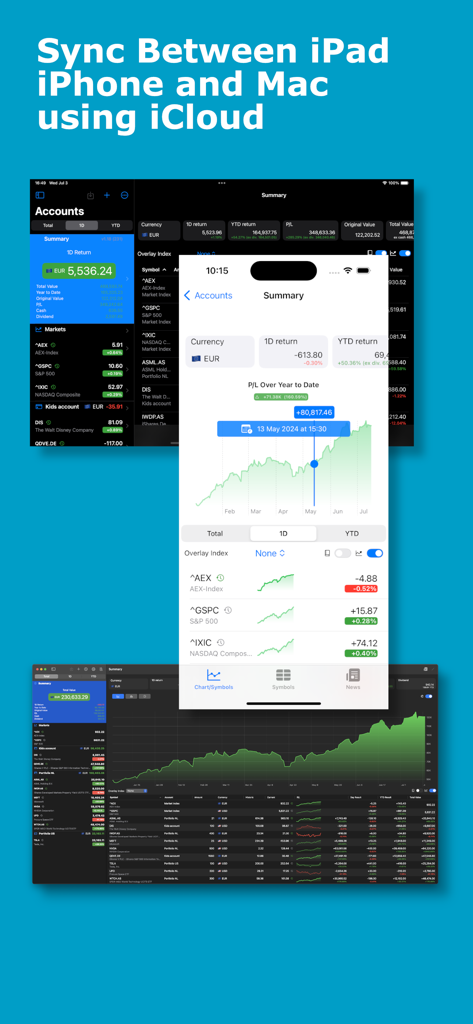 eyeStock - eyeStock app dashboard showing portfolio sync between iPhone iPad and Mac via iCloud