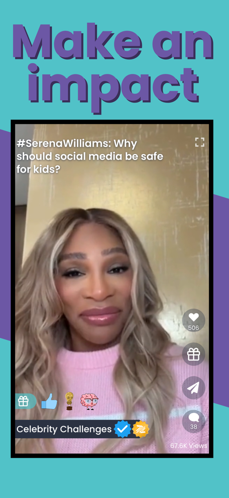 Serena Williams hosting a video challenge about social media safety for kids on the Zigazoo app