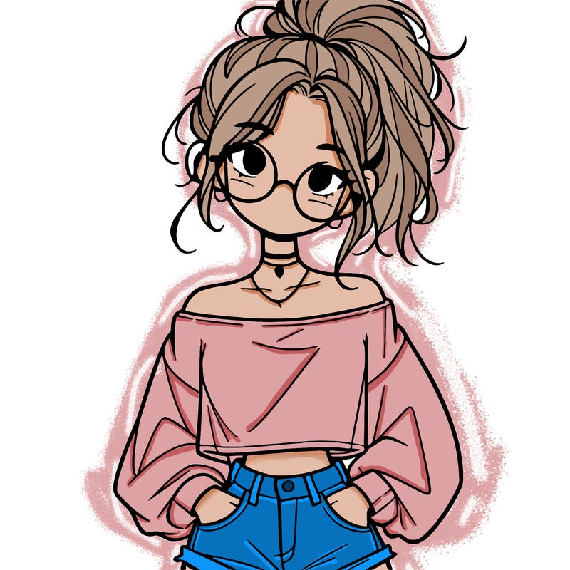 girl with a messy ponytail glasses a baggy crop top and jean shorts