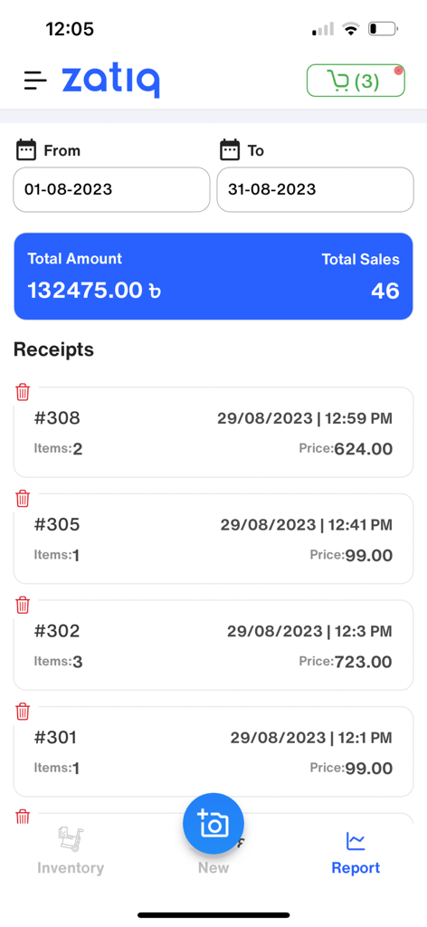 Zatiq Easy - eCommerce Builder - Dashboard showing sales reports and receipt history in the Zatiq Easy app