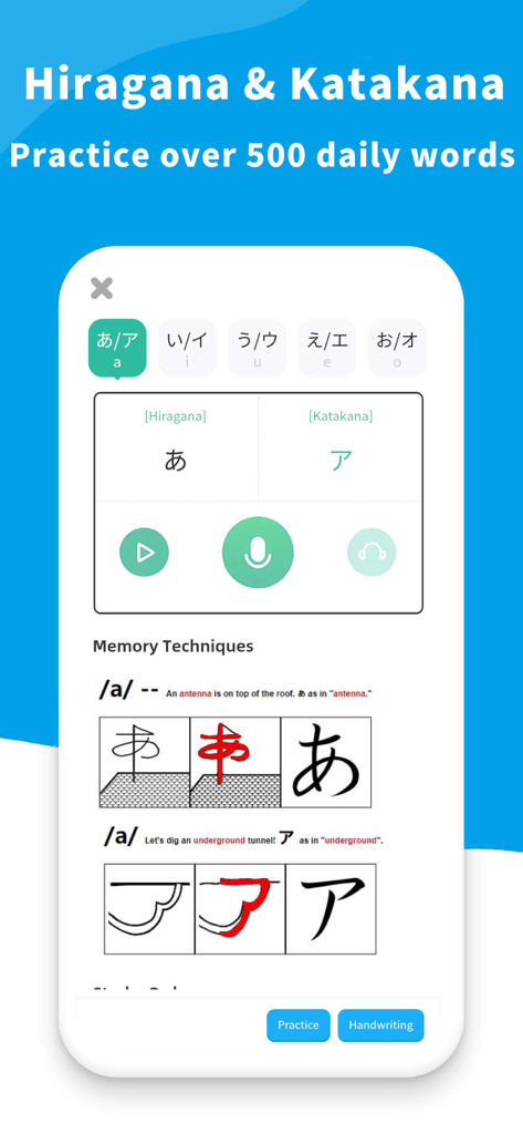 Captura de pantalla de la app Tchin Japanese mostrando técnicas de memoria de Hiragana y Katakana y el orden de los trazos para el carácter A