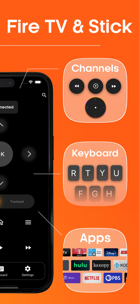 Fire TV Remote - Fire Stick - Interface do aplicativo de controle Fire TV e Fire Stick mostrando atalhos de teclado e de aplicativos.