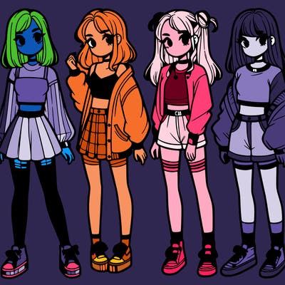 one girl with crop-top shirt and a jacket with a skirt, long socks and another girl with a shirt and pants with a jacket