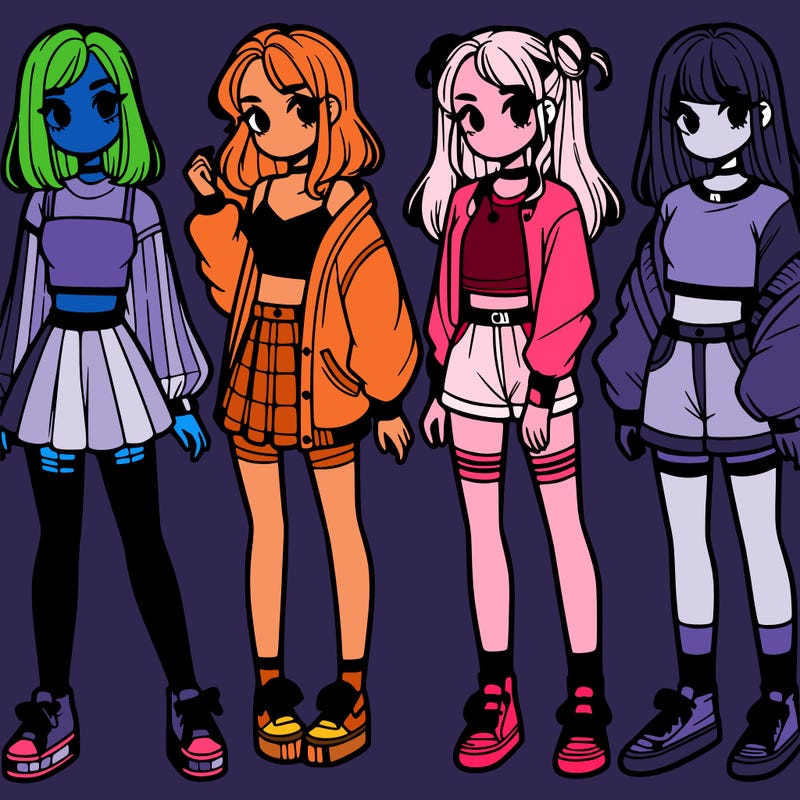 one girl with crop-top shirt and a jacket with a skirt, long socks and another girl with a shirt and pants with a jacket