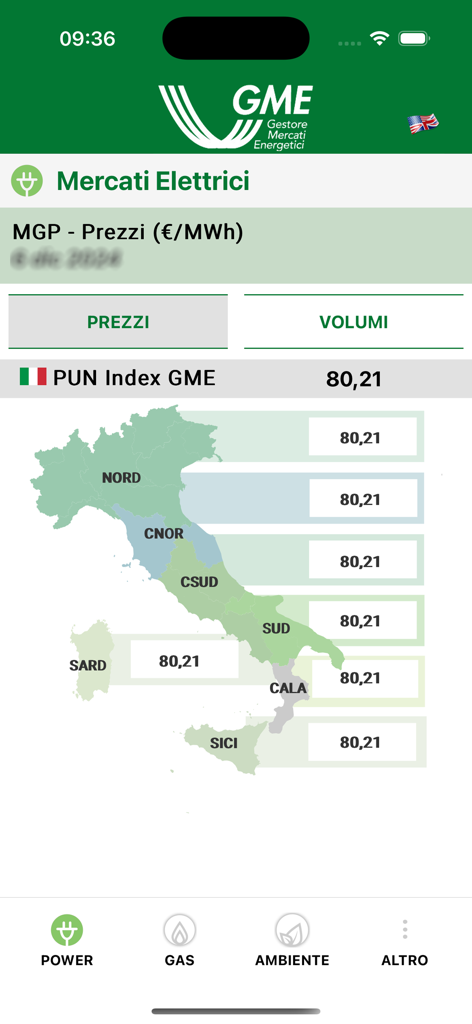 Schermata dell'app GME che mostra una mappa dell'Italia con indici dei prezzi dell'elettricità regionali