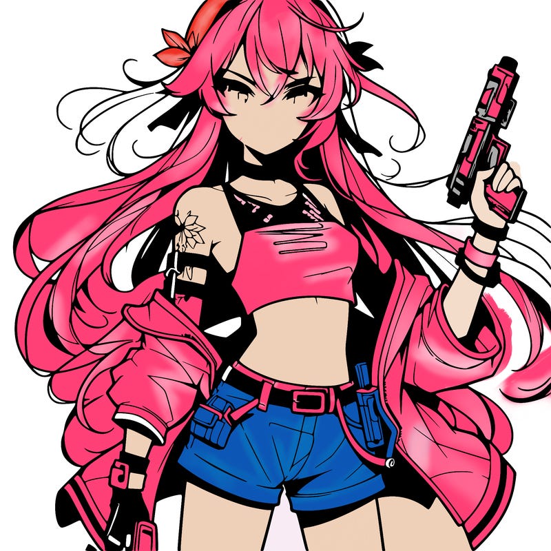 bad girl wearing crop top holding a gun long hair anime
