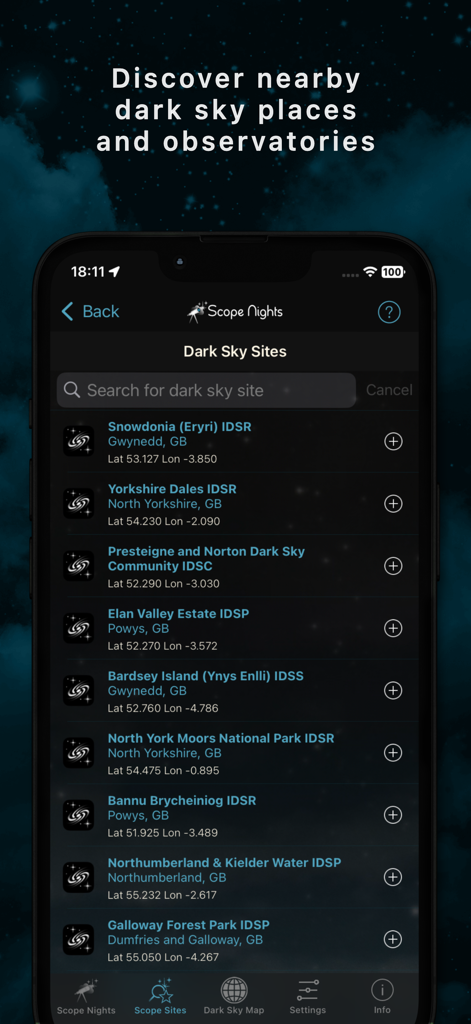 Scope Nights Astronomy Weather - Scope Nights app interface showing a list of recommended dark sky sites and observatories for stargazing.