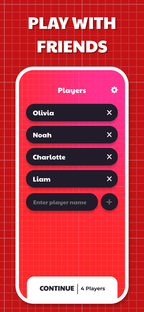 Mobile screen of Fakeit app showing the player registration list for a social deduction game night.