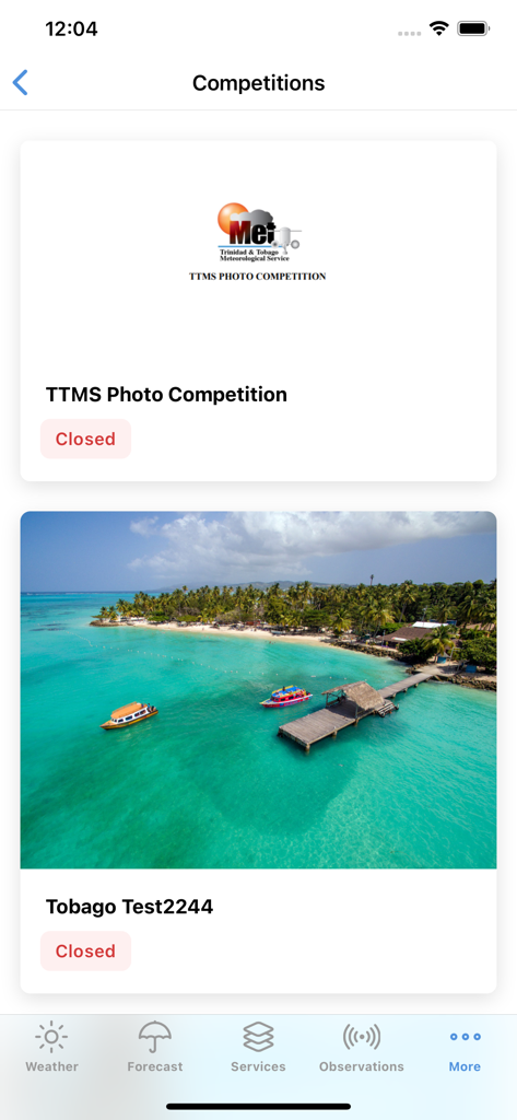 TT Met Office - TT Met Office app competitions screen showing closed photo contests.