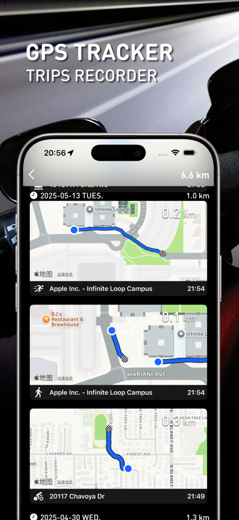 GPS Speedometer: HUD Odometer - Smartphone screen showing the trip recorder history with routes on maps and activity icons for walking and cycling