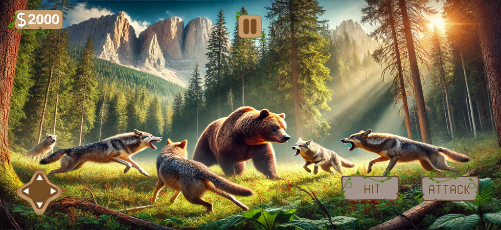 Wolf Simulator - Family Sim - A pack of wolves battling a large brown bear in a realistic forest environment