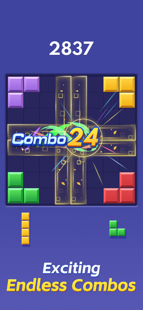 Gameplay of Color Block Combo Blast showing a 24 combo animation on an 8x8 grid with vibrant blocks