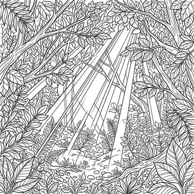 Dive into the intricate beauty of an enchanted forest bathed in sunbeams with this detailed coloring page. Perfect for teens seeking a captivating artistic challenge to express their creativity.