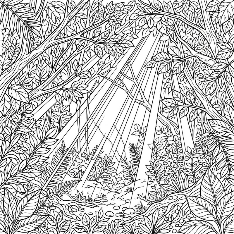 Dive into the intricate beauty of an enchanted forest bathed in sunbeams with this detailed coloring page. Perfect for teens seeking a captivating artistic challenge to express their creativity.