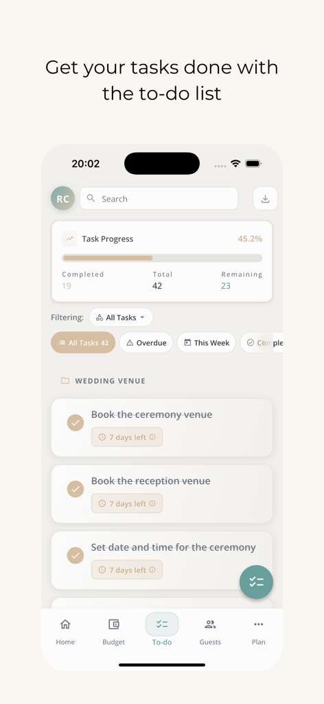 Mobile app interface showing a wedding planning checklist with task progress and venue booking items