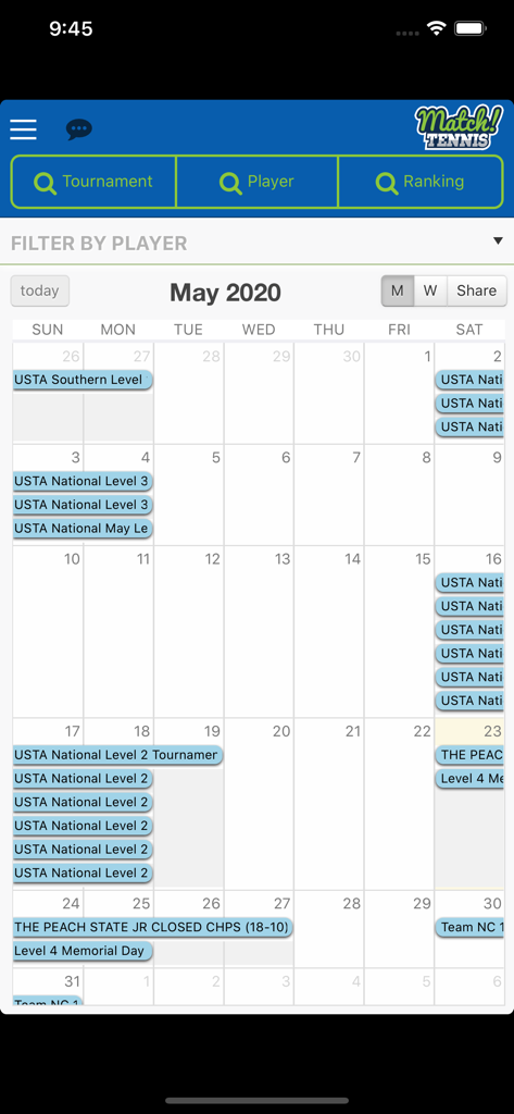 Match! Tennis App - A monthly calendar view within the Match Tennis App displaying various USTA junior tennis tournament dates and levels.