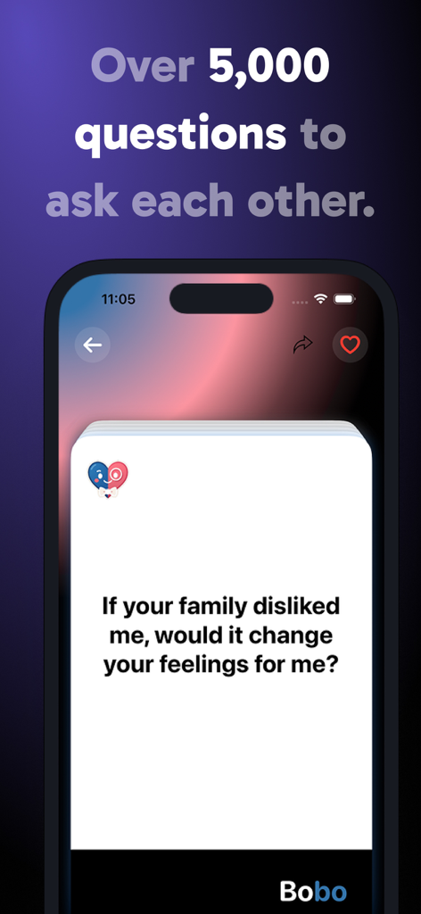 BoBo Cards: Deep Conversations - A smartphone showing a deep conversation question card about family and feelings from the BoBo Cards app interface.