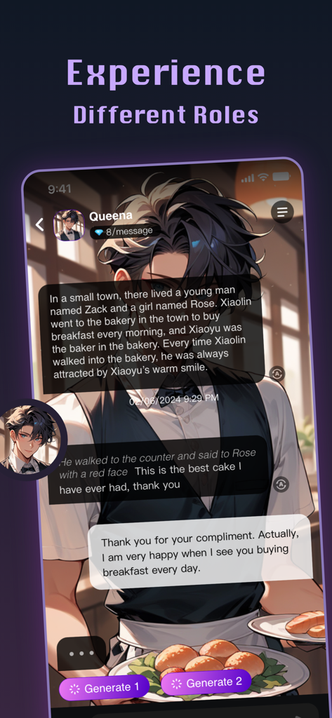 Waifuu: Anime AI Dating Sim - Uma interface de bate-papo no aplicativo Waifuu mostrando um personagem de anime e um diálogo de roleplay.