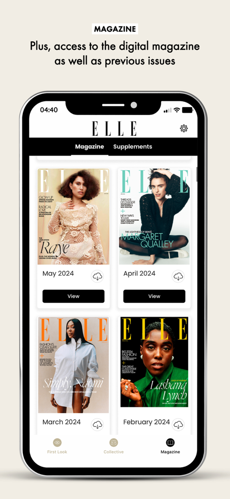 Elle Magazine UK app interface displaying monthly digital magazine issues.