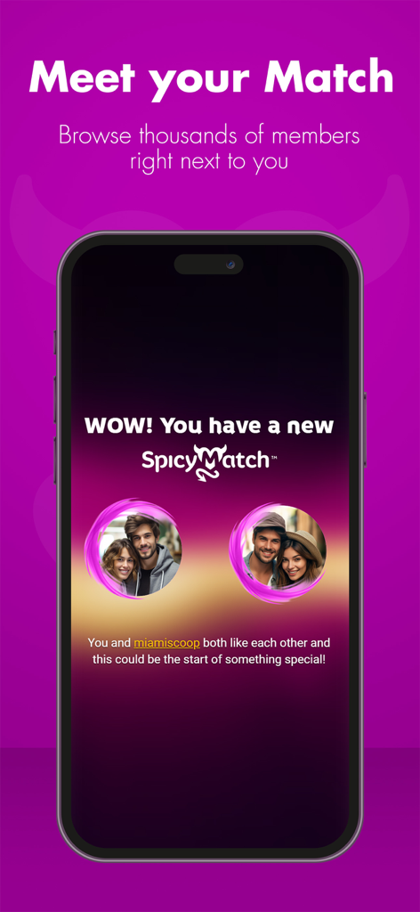 SpicyMatch - Schermata di abbinamento dell'app SpicyMatch che mostra due coppie che si sono abbinate con successo.