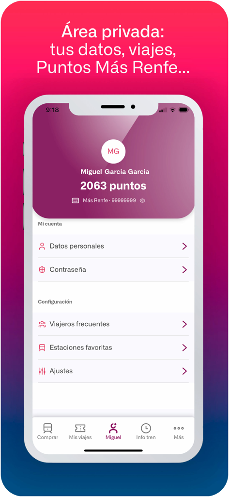 Renfe - Pantalla de perfil de usuario de la aplicación móvil Renfe mostrando puntos de fidelidad y configuración de la cuenta.