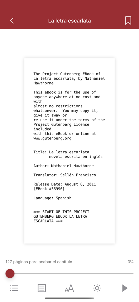BNP Biblioteca Pública Digital - Interfaz de e-reader en la aplicación BNP Biblioteca Pública Digital mostrando la edición en español de La letra escarlata