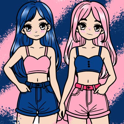 two sisters with crop tops and jean shorts and straight hair