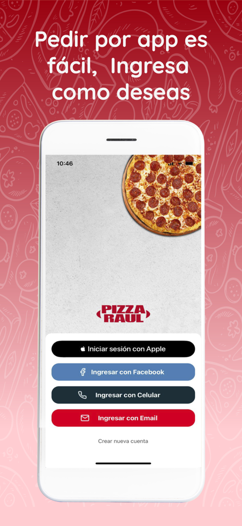 Pizza Raul - Pizza Raul mobile app login screen featuring pepperoni pizza and various sign-in options including Apple, Facebook, phone, and email
