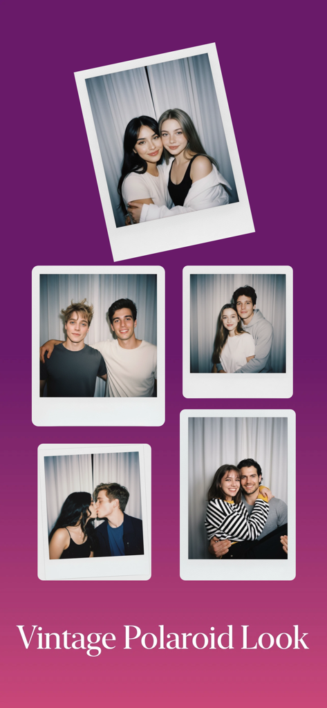 Polaroid AI  Photo Generator - A collection of AI generated vintage Polaroid photos featuring friends and couples with an authentic film aesthetic