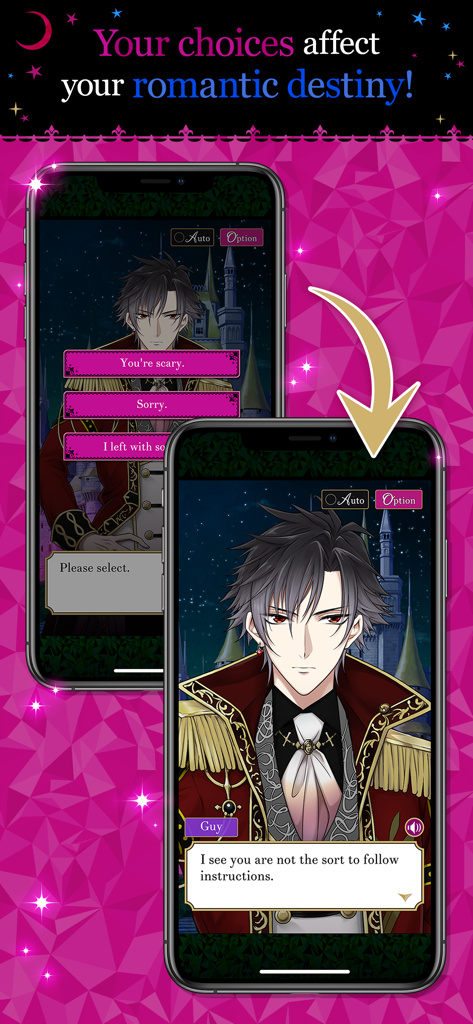 Captura de pantalla de jugabilidad de Court of Darkness mostrando opciones de diálogo y un personaje príncipe de anime en un escenario de fantasía oscura.