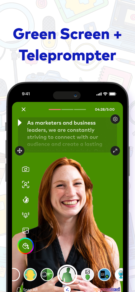 Supercreator.ai app interface showing a user recording a video with green screen and teleprompter features
