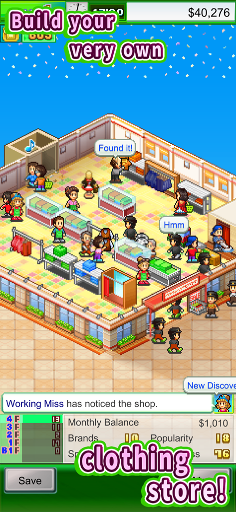 Simulazione gestionale di un negozio di abbigliamento in pixel art di Pocket Clothier