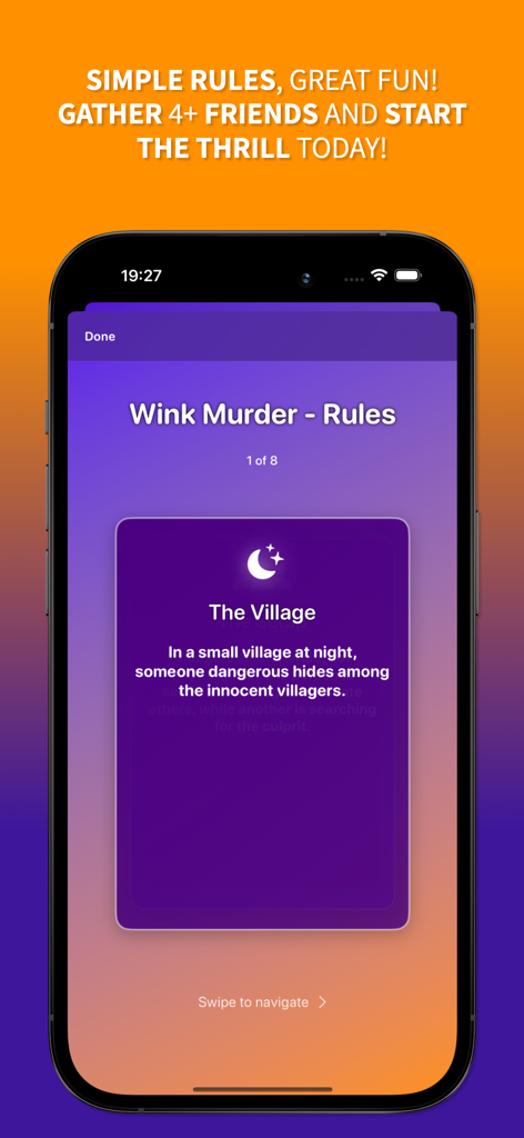 Wink Murder: Reality Adventure - Pantalla de iPhone que muestra las reglas del juego para Wink Murder Reality Adventure
