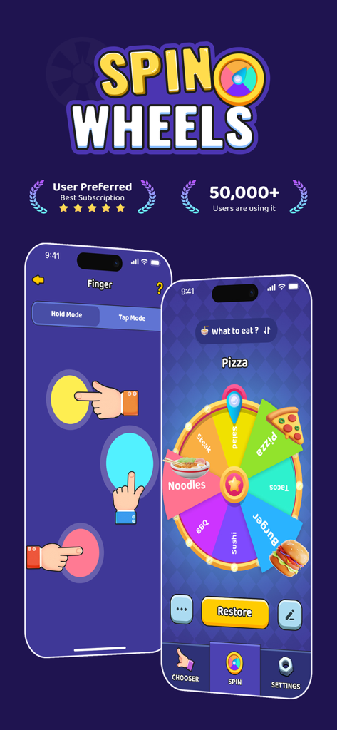Spin The Wheelアプリのインターフェース。食品決定ホイールとフィンガーピッカーツールが表示されている。