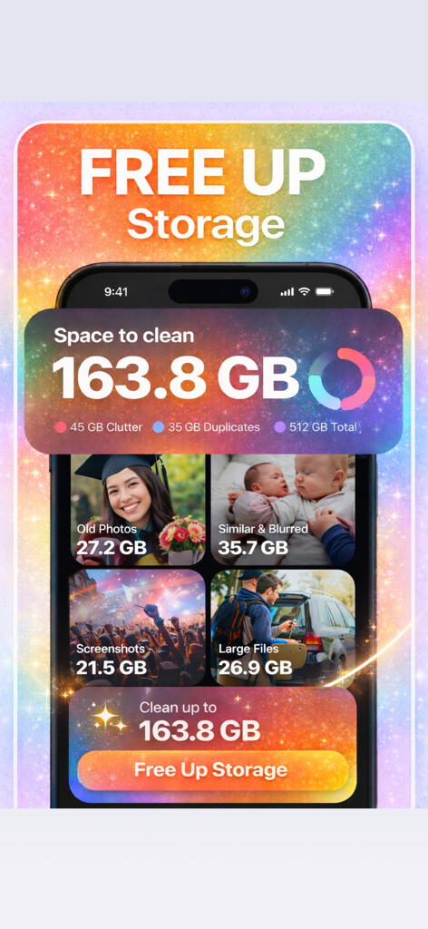 AI 사진 정리 앱 화면으로, 오래된 사진 및 중복 파일과 같은 카테고리에 걸쳐 정리할 163.8GB의 저장 공간을 보여줍니다.