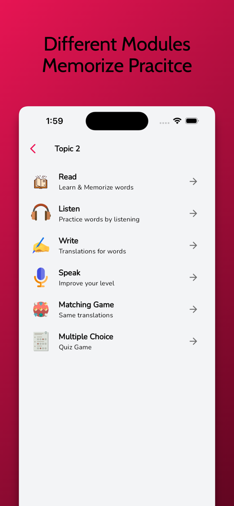 Swahili Learning - Beginners - 읽기, 쓰기, 말하기 및 퀴즈 게임을 위한 다양한 학습 모듈을 보여주는 스와힐리어 학습 앱 인터페이스